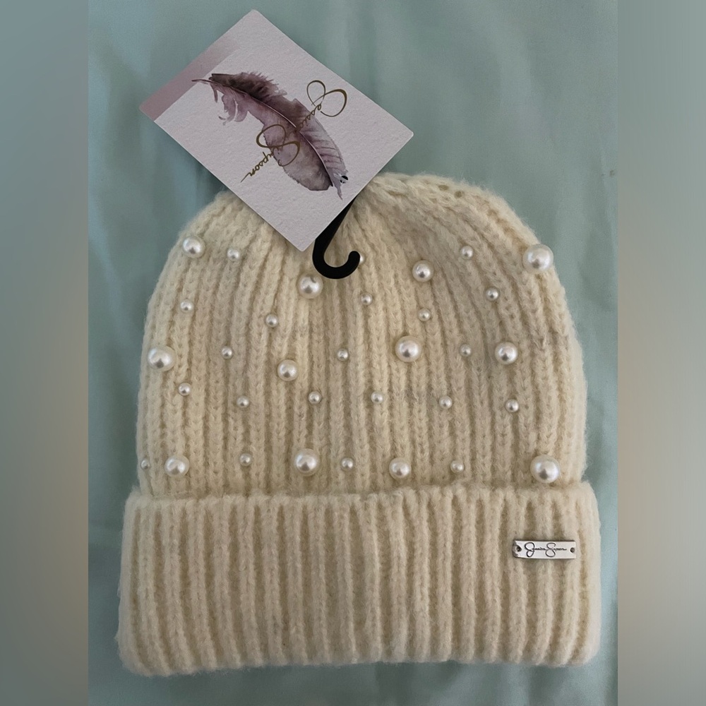 NWT Jessica Simpson Off White Beige Knit Beanie Winter Hat with Pearls